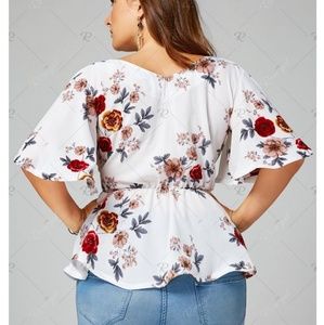 Plus Size Belted Floral Surplice Peplum Blouse
